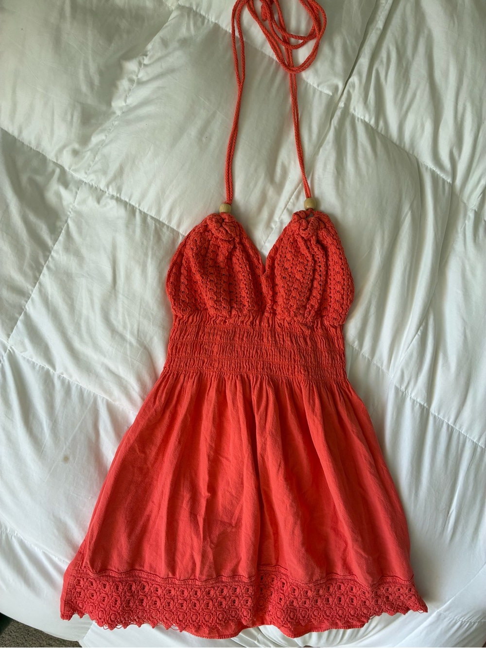 Y2K Women's Crochet Halter Sundress - Coral Red